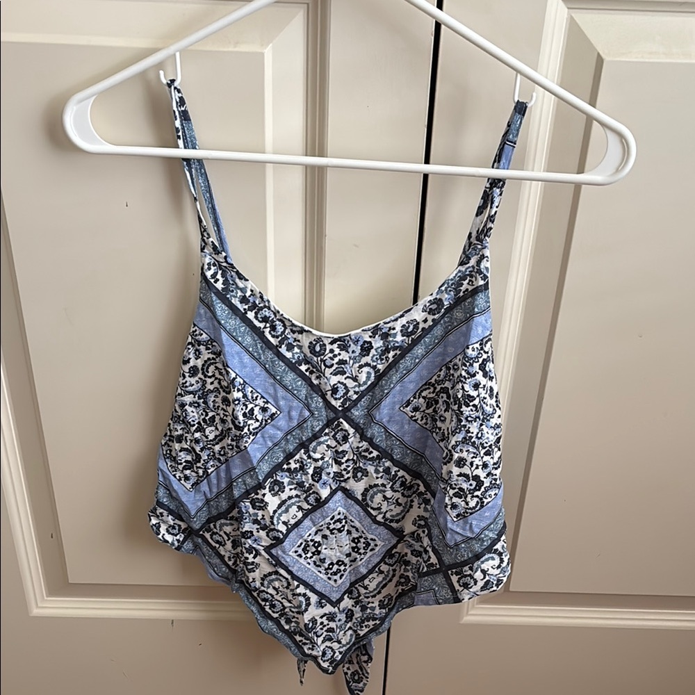 Love on a Hanger Blue and White Asymmetrical Tie Front Camisole